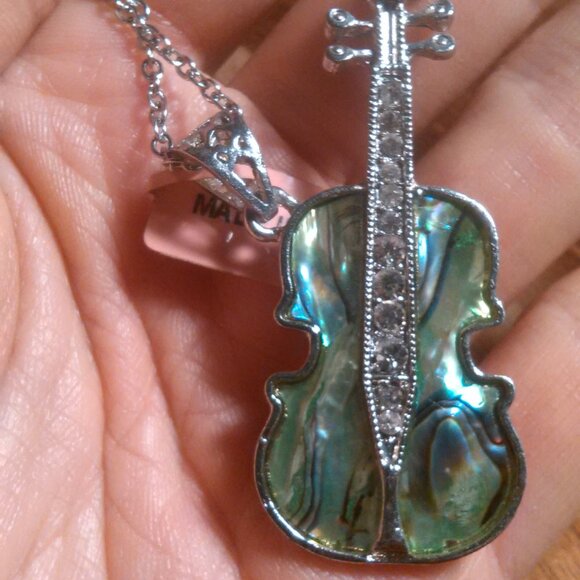 Abalone and White Crystal Silvertone Pendant Stainless Steel Necklace - Picture 8 of 9